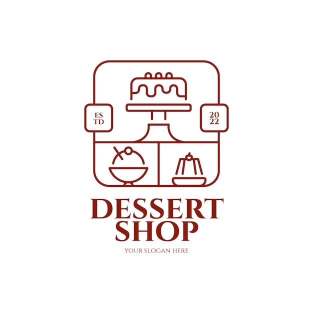logotipo de la tienda de postres de línea con ilustración de pastel y pudín