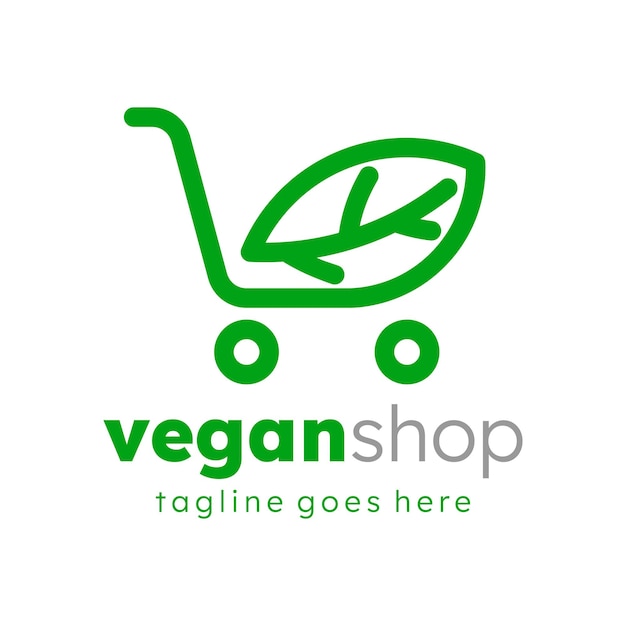 Logotipo de la tienda vegana con hoja y carrito de compras