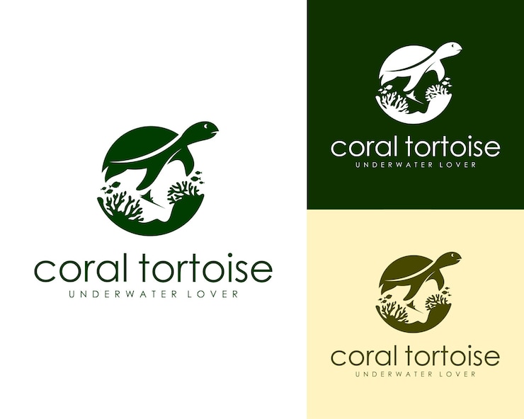 Vector logotipo de tortuga y arrecife de coral inspirado en el logotipo submarino