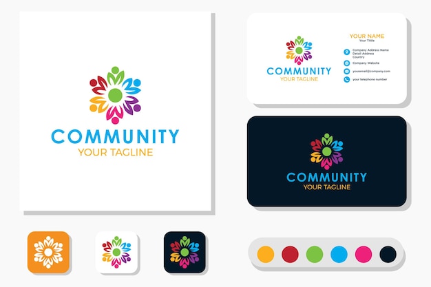 Logotipo de trabajo en equipo comunitario y tarjeta de presentación