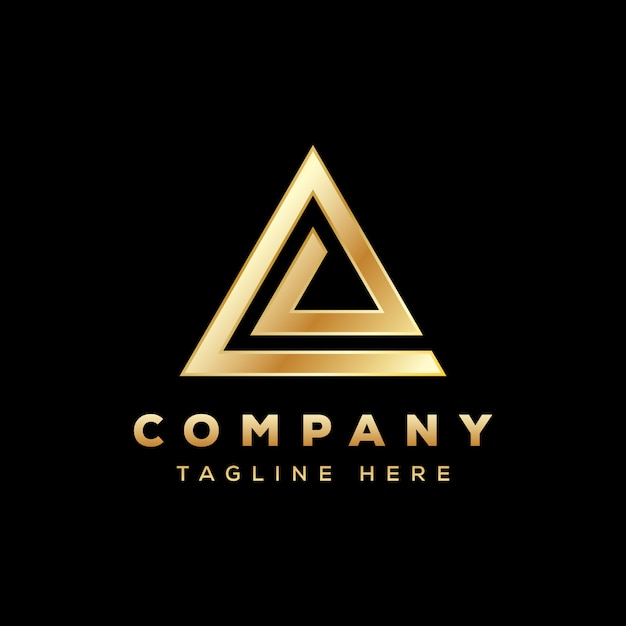 Logotipo de triángulo de lujo, logotipo de triángulo de letra e, logotipo de delta dorado