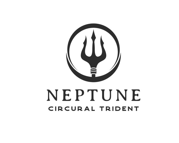 Logotipo de tridente negro vintage. Plantilla de diseño de logotipo de tridente circular de Neptuno