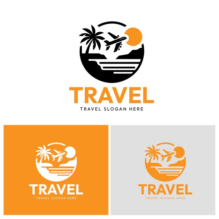 Logotipo de turismo y viajes con ilustraciones de aviones, puestas de sol y playas