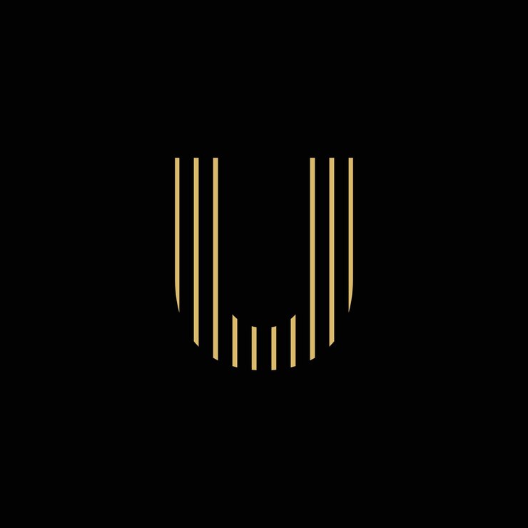 Logotipo U simple con líneas rectas de color dorado y fondo negro