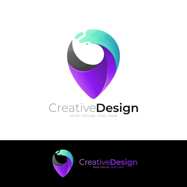 Logotipo de la ubicación con diseño simple iconos de agua swoosh color azul