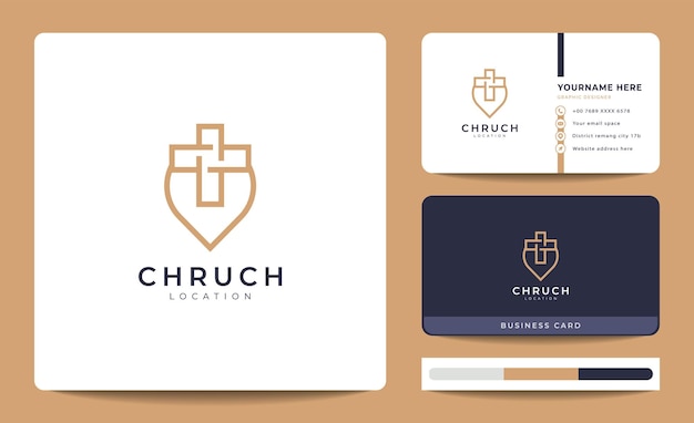 Logotipo de ubicación de la iglesia y el pin punto de combinación logotipo de la línea gps de la iglesia y diseño de tarjeta de visita