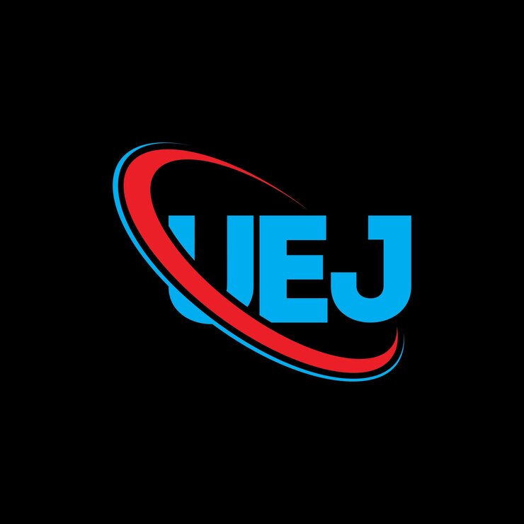 Vector el logotipo uej, la letra uej, el diseño del logotipo de la carta uej, las iniciales uej vinculadas con un círculo y un monograma en mayúsculas, la tipografía uej para el negocio tecnológico y la marca inmobiliaria.