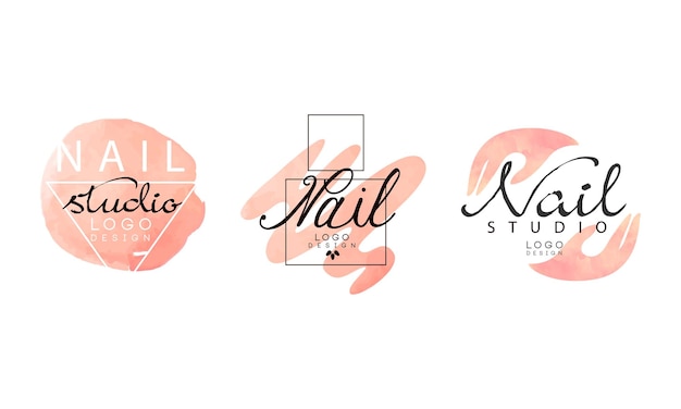 Logotipo de uñas diseño original conjunto de manicura estudio salón insignias y etiquetas ilustración vectorial dibujada a mano
