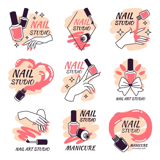 Logotipo de uñas de manicura Estudio de cuidado de uñas o salón de cosméticos etiqueta de moda arte del logotipo esmalte de uñas manos femeninas uñas maestro conjunto de emblemas de glamour ilustración vectorial elegante