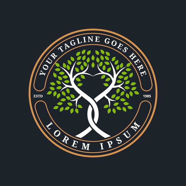 Un logotipo único con dos árboles con troncos enroscados en un corazón rodeado de un círculo con elementos vintage adecuado para empresas en el sector de la salud y el fitness