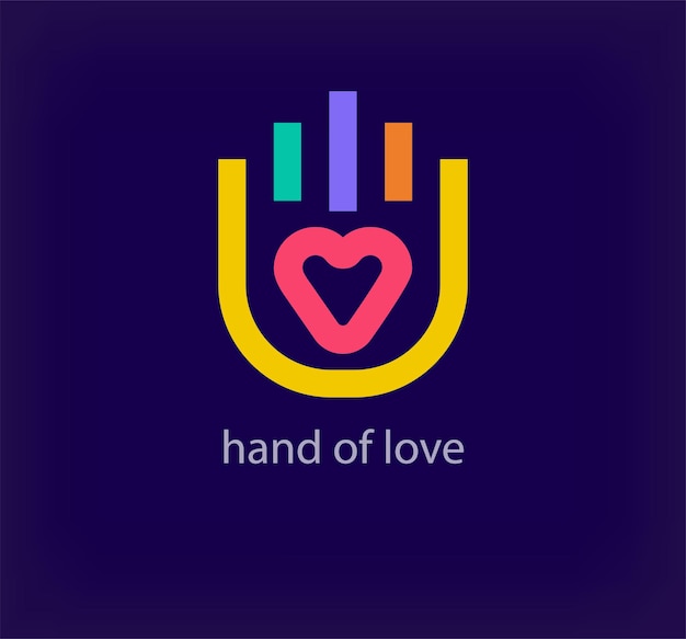 Logotipo único de mano en corazón diseño moderno color plantilla de logotipo de concepto de corazón de palma lineal creativo