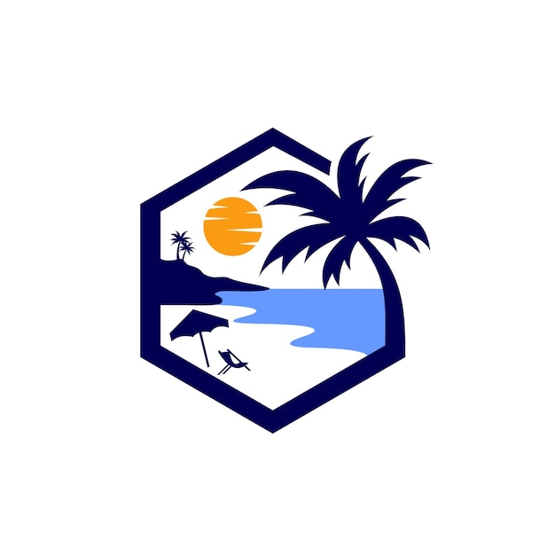 Vector logotipo único de la playa playa con concepto de hexágono