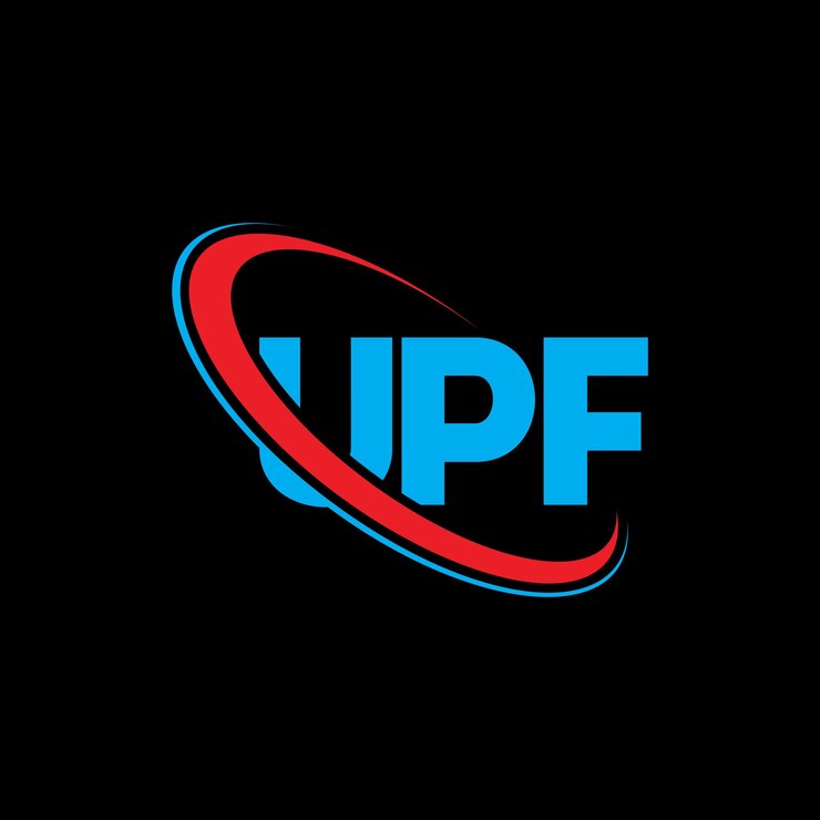 Vector el logotipo de upf, la letra upf, el diseño del logotipo de la carta upf, las iniciales del logotipo upf vinculadas con un círculo y un monograma en mayúscula, el logotipo de upsf, la tipografía para el negocio tecnológico y la marca inmobiliaria.