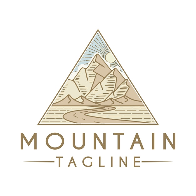 Logotipo de vector de arte de línea de montaña y naturaleza. el concepto de árboles de montaña y naturaleza, perfecto para adve