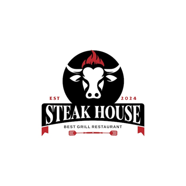 El logotipo del vector de la cabeza de la vaca, el fuego aislado, el diseño de la insignia de estilo vintage retro