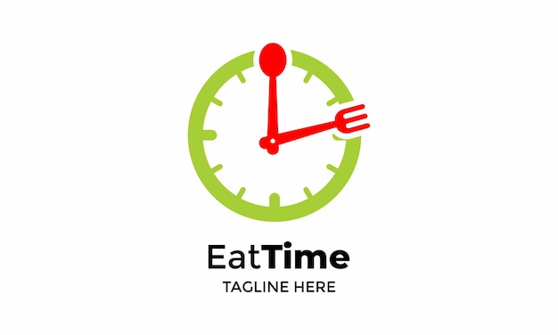 Logotipo vector comer tiempo reloj icono tenedor cuchara cena almuerzo desayuno desayuno alarma comida reloj comida plato chef menú saludable servicio