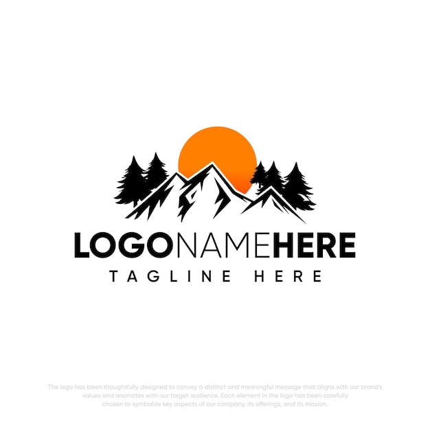 Logotipo de vector libre con logotipo de puesta de sol vintage y montaña y árbol