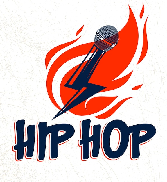 Logotipo de vector de música rap o emblema con micrófono en forma de rayo y llamas de fuego, concierto de festival de rimas de Hip Hop caliente o etiqueta de fiesta de club nocturno, estampado de camiseta.