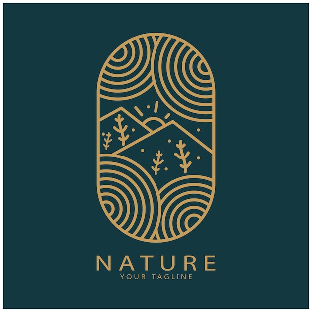 Logotipo de vector de naturaleza con árboles ríos mares montañas emblemas de negocios insignias de viaje salud ecológica