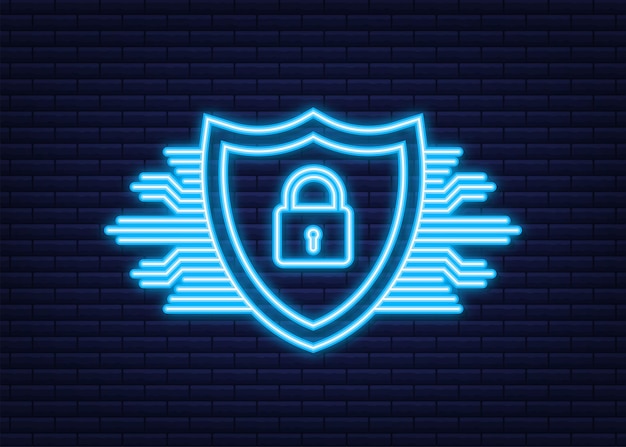 Logotipo de vector de seguridad cibernética con escudo y marca de verificación. concepto de escudo de seguridad. seguridad de internet. icono de neón. ilustración vectorial.