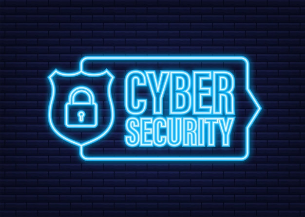 Logotipo de vector de seguridad cibernética con escudo y marca de verificación. Concepto de escudo de seguridad. Seguridad de Internet. Icono de neón. Ilustración vectorial.