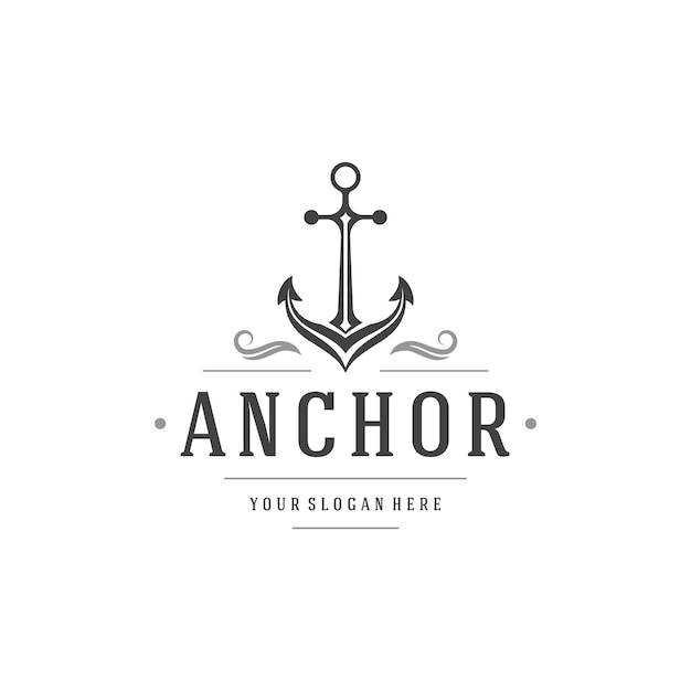 Logotipo de vector de viaje de ancla marina Símbolo marino negro navegación y aventura oceánica Etiqueta engomada del club náutico para competición y regata de vela Vacaciones turísticas y viaje a países tropicales