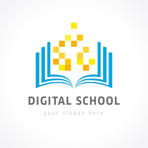 Logotipo vectorial educativo. libro abierto y píxeles digitales de color dorado. escuela en línea de la red de internet.