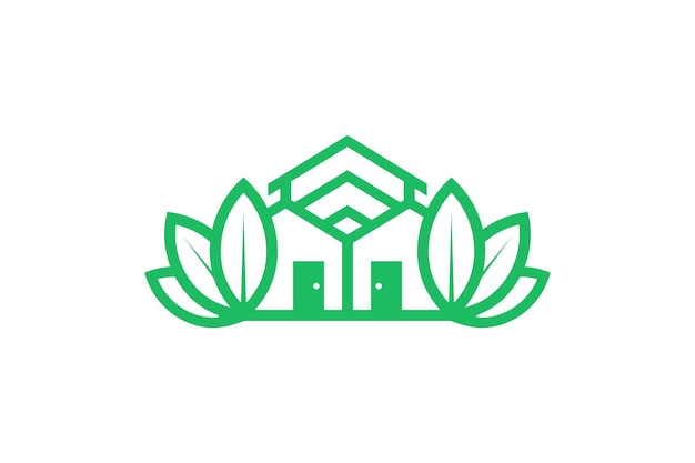 logotipo vectorial de línea de invernadero con techo con plantas a su alrededor