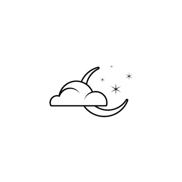 Logotipo vectorial de luna creciente detrás de nubes con decoración de estrellas