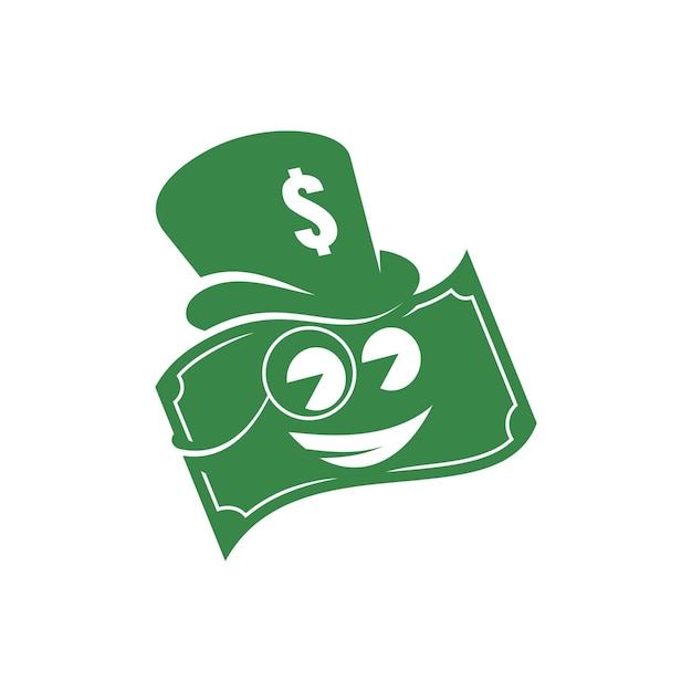 Logotipo vectorial de una mascota de dólar verde con un sombrero