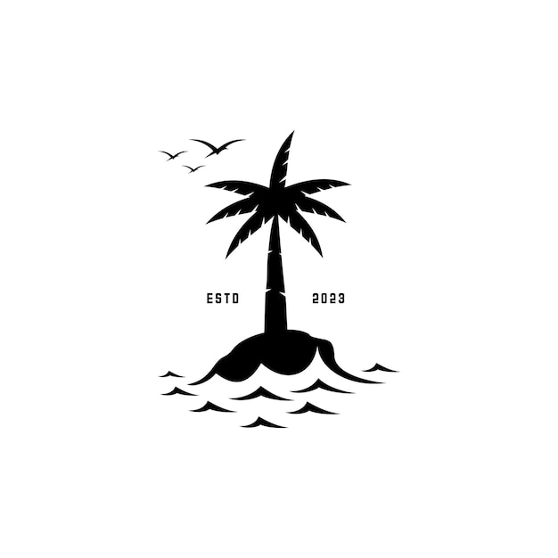 Logotipo vectorial de una palmera en el medio de una isla y el océano