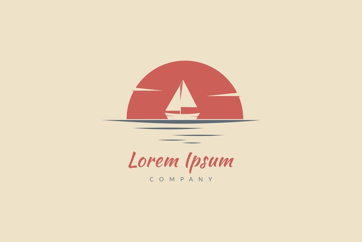 Logotipo vectorial en el que un velero de silueta navega en el mar con fondo de puesta de sol