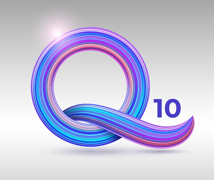 Vector logotipo vectorial de la vitamina coenzima q10 ubiquinona tipografía para la marca medicina salud belleza publicidad letra 3d realista q fuente ondulada
