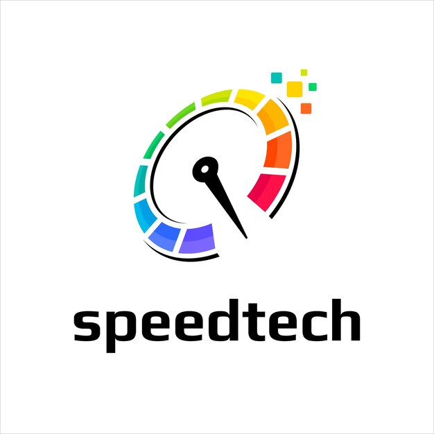 Logotipo de velocidad y tecnología con medidor de colores y elementos digitales