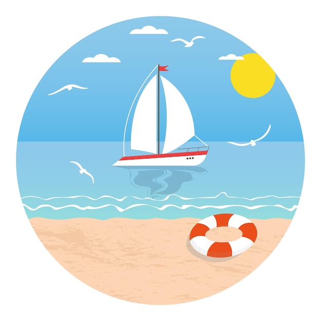 Logotipo de verano con un yate de vela y un aro salvavidas en la playa Ilustración de playa de verano