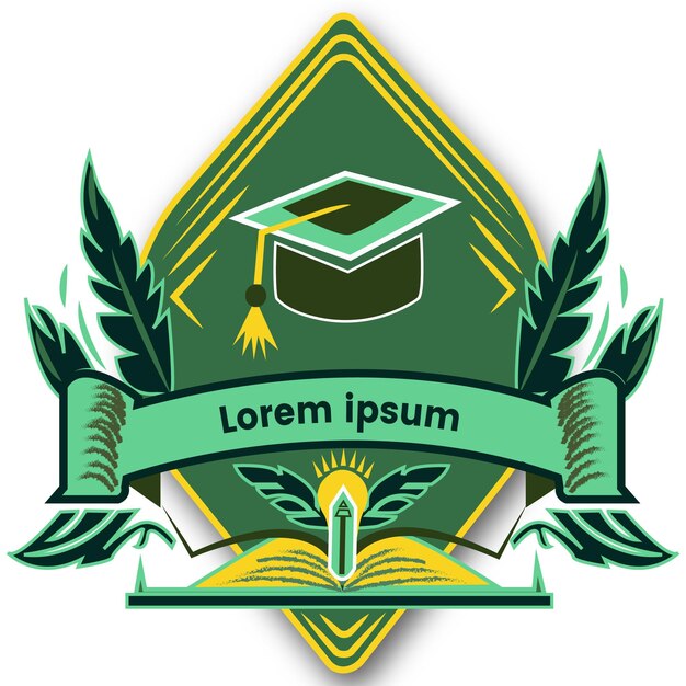 Un logotipo verde y amarillo con un gorro de graduación y una cinta.
