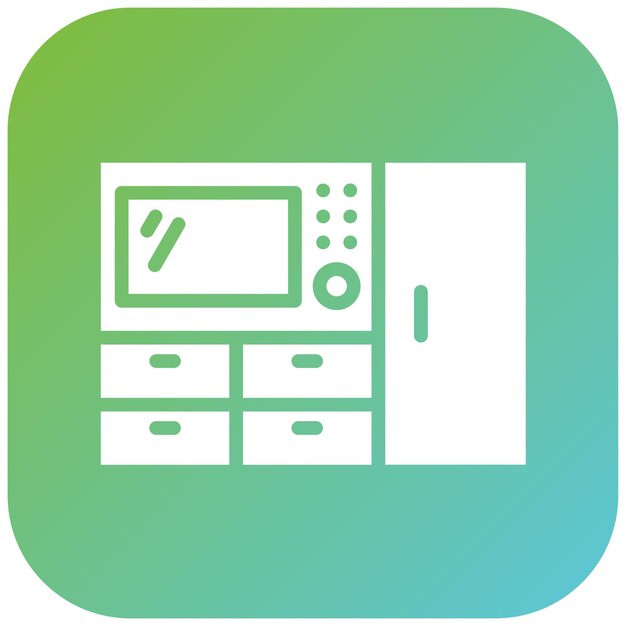 un logotipo verde y azul con un microondas en él