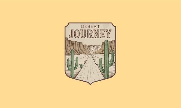 Logotipo de viaje al desierto con acantilados de carreteras de cactus y cielo nocturno
