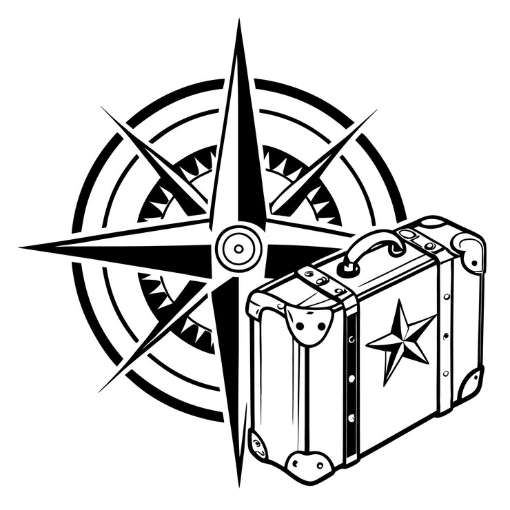 Vector logotipo de viaje en blanco y negro y brújulas antiguas