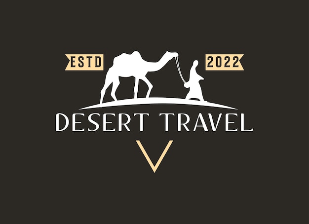 Vector logotipo de viaje por el desierto con un camello y un hombre sobre un fondo negro