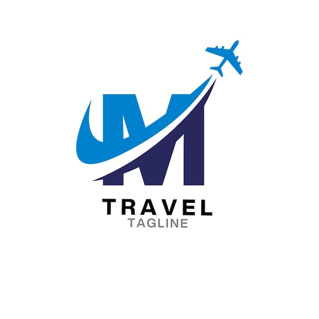 Logotipo de viaje de la letra m con plantilla de icono de avión