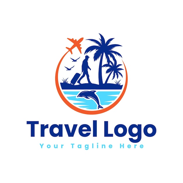 Logotipo de viaje con plantillas vectoriales de silueta de maleta de hombre