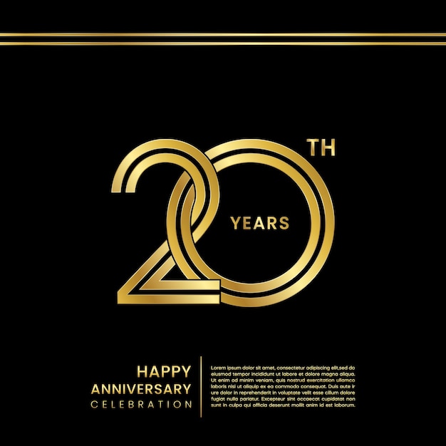 Logotipo del vigésimo aniversario con diseño de concepto de doble línea Número dorado y texto Vector de arte lineal