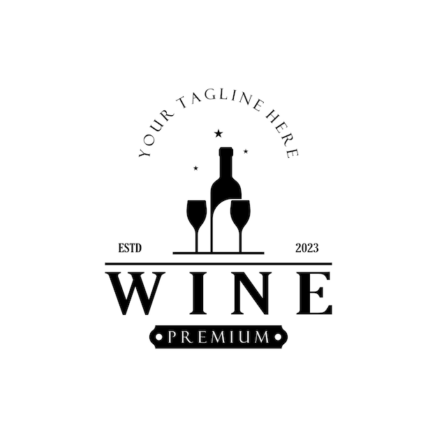 Logotipo del vino con copas y botellas de vino para discotecas, bares, cafeterías y tiendas de vino