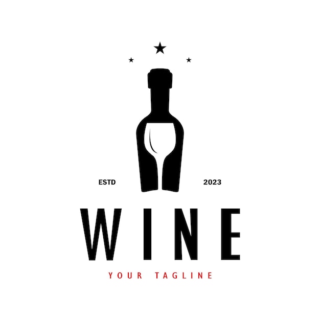 Vector logotipo del vino con copas y botellas de vino para discotecas, bares, cafeterías y tiendas de vino