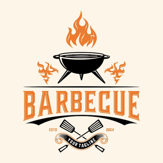Logotipo vintage de barbacoa para barbacoa con diseño de ilustración vectorial de espátula y horquilla de barbacoa