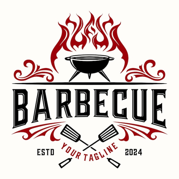 Logotipo vintage de barbacoa para barbacoa con diseño de ilustración vectorial de espátula y horquilla de barbacoa