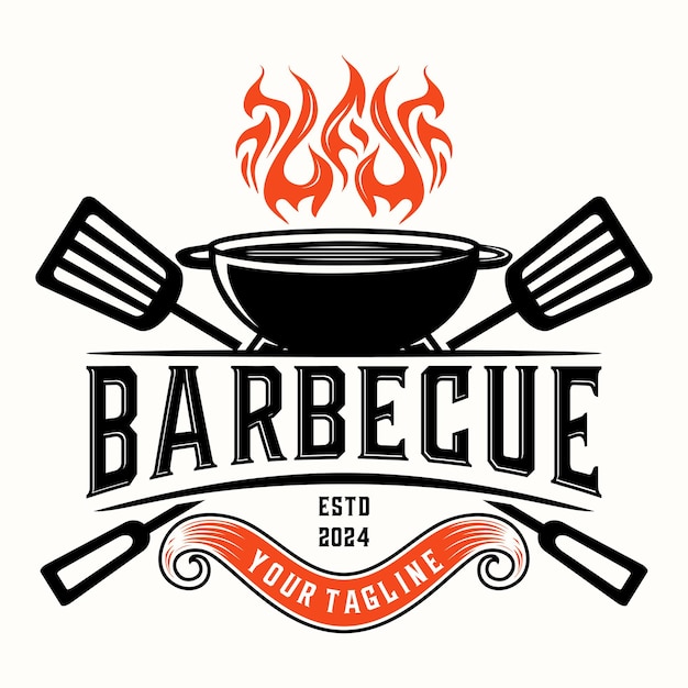 Logotipo vintage de barbacoa espátula y parrilla para diseño de ilustraciones vectoriales de negocios de barbacoa