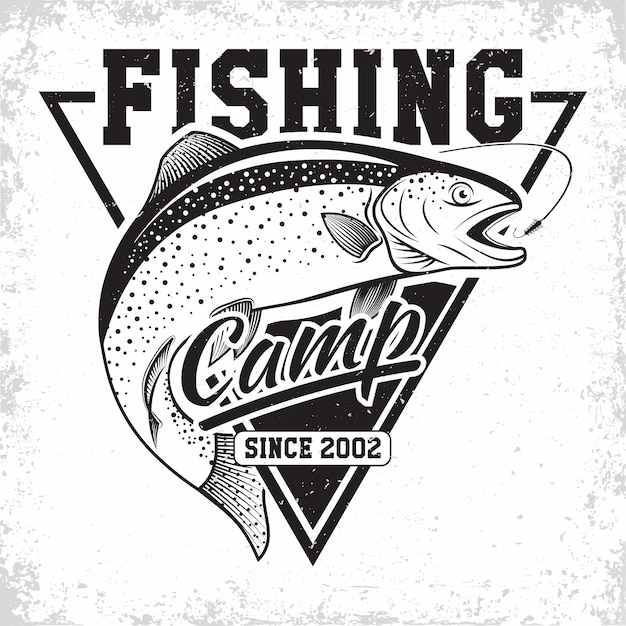 Logotipo vintage del club de pesca, emblema de los pescadores de truchas, sellos de impresión de grange, emblema de tipografía de pescadores,