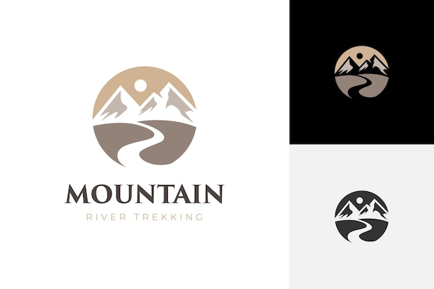 Logotipo vintage de rocas de montaña con senderismo y puesta o amanecer gráfico barranco silueta como símbolo de la exploración de la naturaleza ilustración del logotipo vectorial